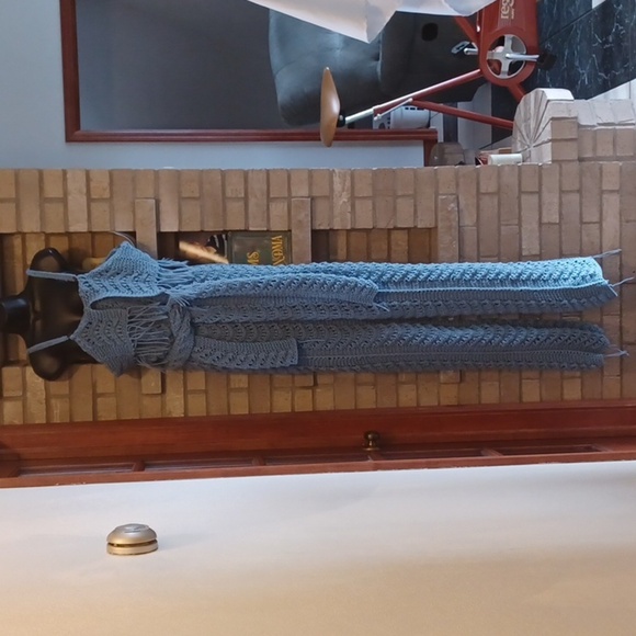 vintage hand-crocheted jumpsuit, blue, one of a kind, sz medium, handmade - Picture 1 of 5